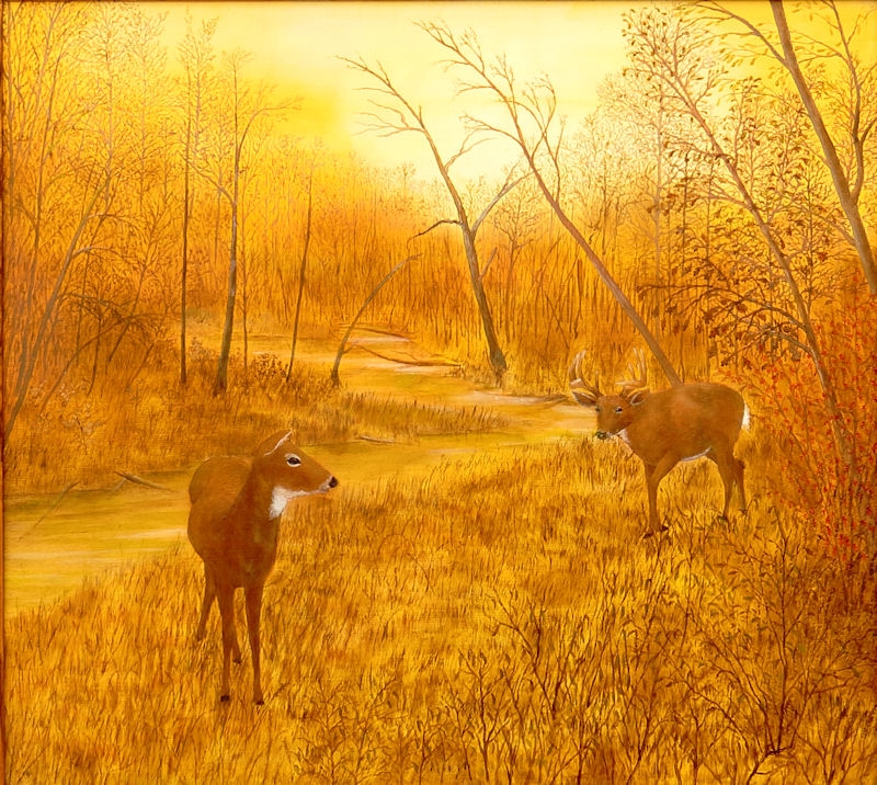 painting of two deer in the woods by a stream