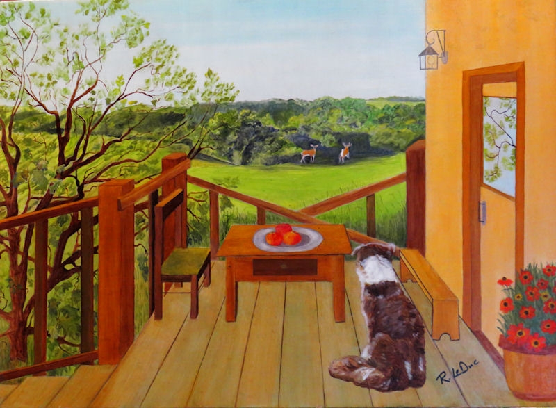painting of dog on a house porch