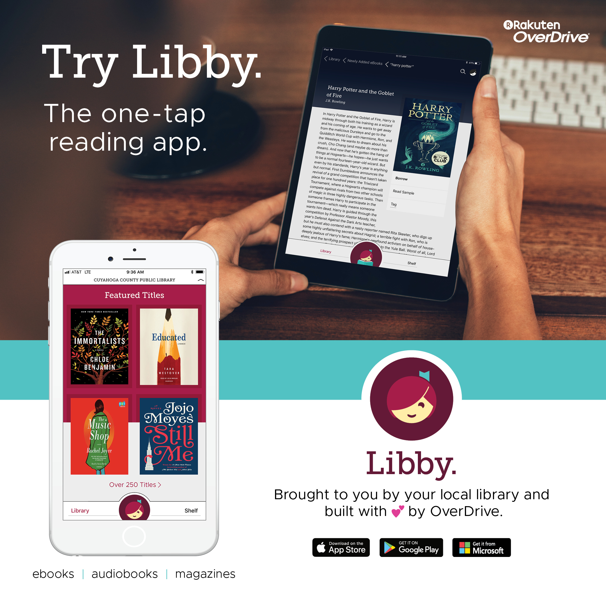 photo of a tablet with Libby on it, a phone with libby on  it and the libby logo