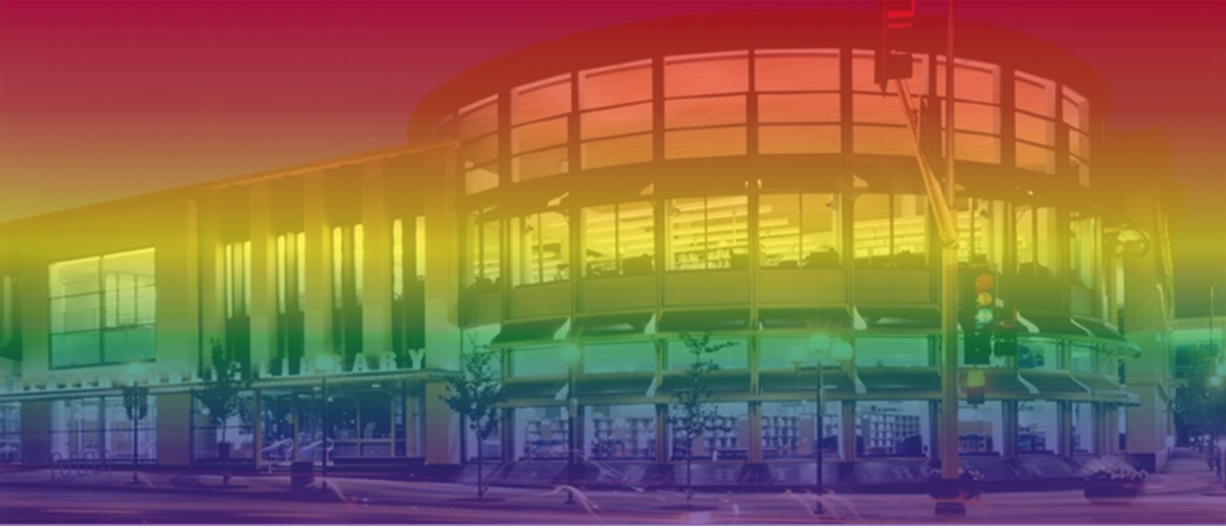 Library building with rainbow overlay