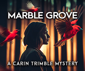 Book cover for Marble Grove, shows a woman in the woods, with three birds flying near her