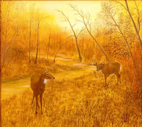 painting of two deer in the woods by a stream