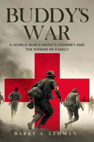 Book cover for Buddy's War; shows a WWII medic running across a battlefield