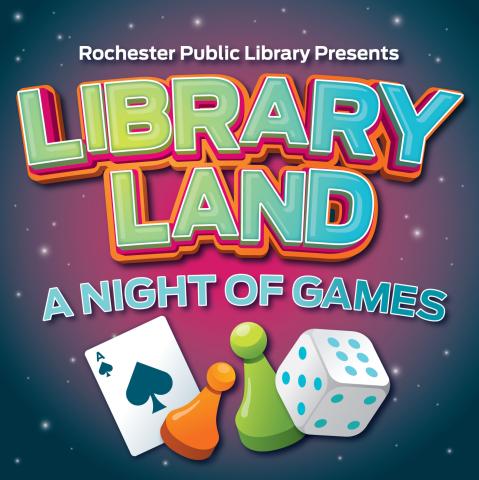 Library Land A Night Of Games graphic with a playing card, board game markers, and a single die