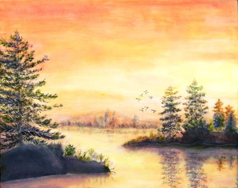 painting of a lake and trees