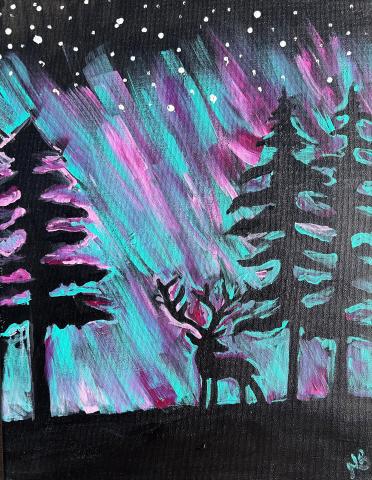 Silhouette of deer and trees with a northern lights background