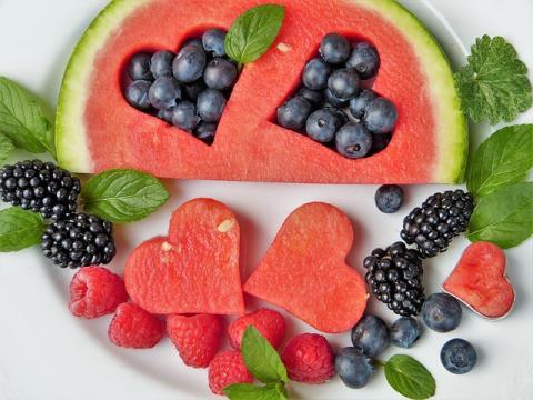 watermelon cut into hearts with blueberries