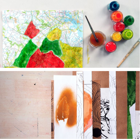 top photo shows a partially painted map with bottles of paint and the bottom photo is scraps of paper