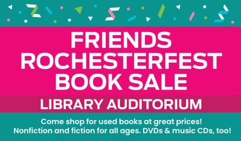 Friends Rochesterfest book sale graphic.