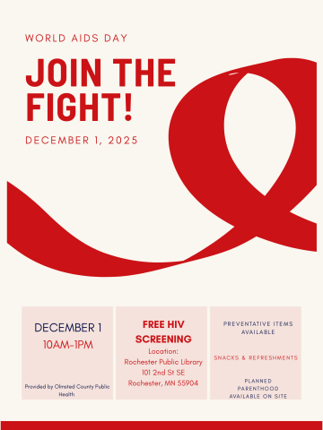 Picture of a poster containing basic event information.  The only decorative element is a red ribbon.