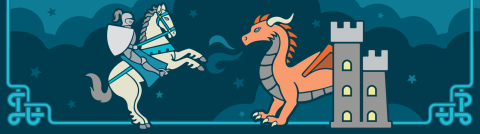 cartoon image of knight on horse and dragon in castle