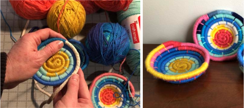 a woman's hands wrap yarn around a rope into a coiled basket