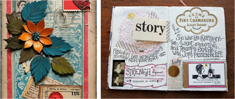 two open journals filled with writing, stickers, and flowers