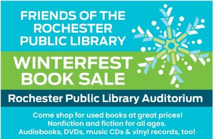 Blue and green winter graphic with winterfest book sale information.