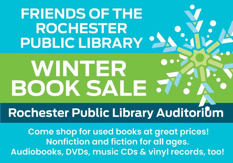 Blue and green winter graphic with winter book sale information.