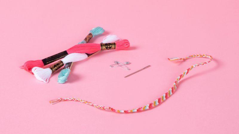 Pink, bracelet, thread, needles