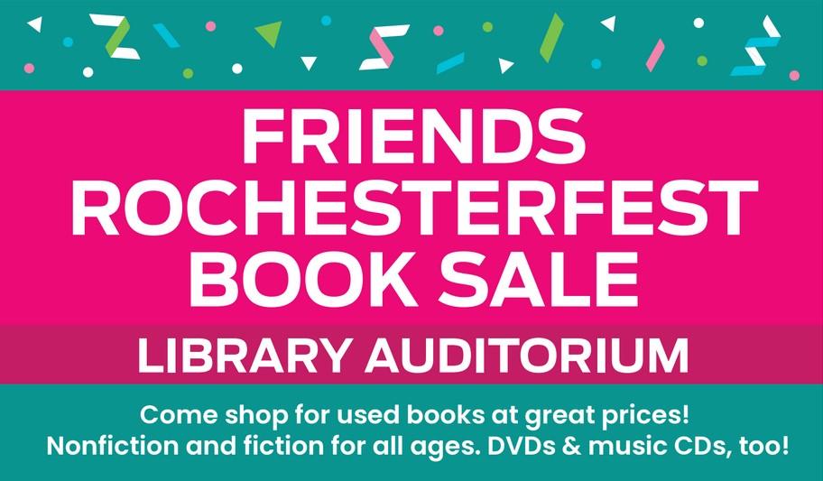 Friends Rochesterfest book sale graphic.