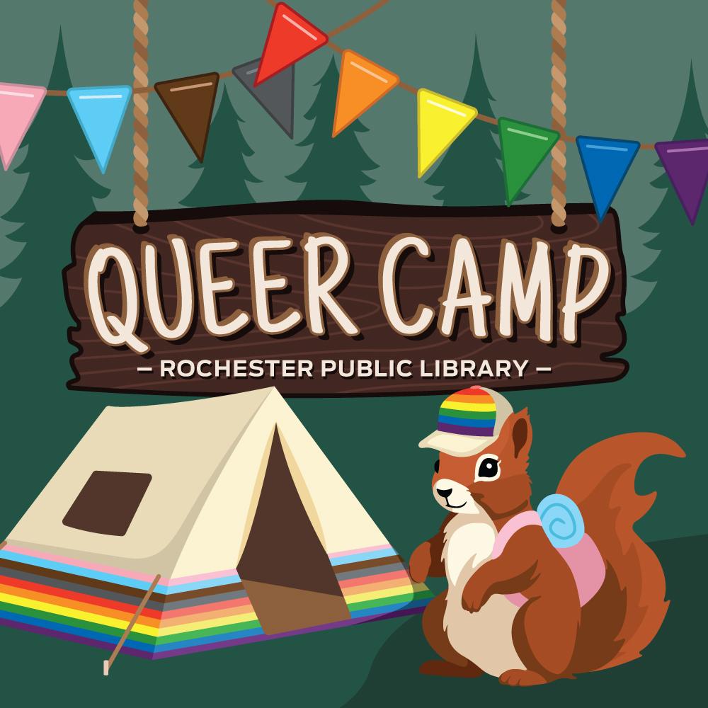 cartoon image of squirrel in Pride gear in an outdoor scene with camping tent