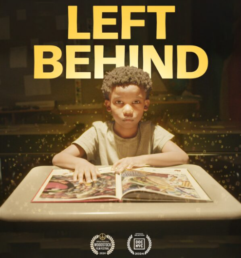 Left Behind documentary cover showing a Black student with an open book on the desk in front of him