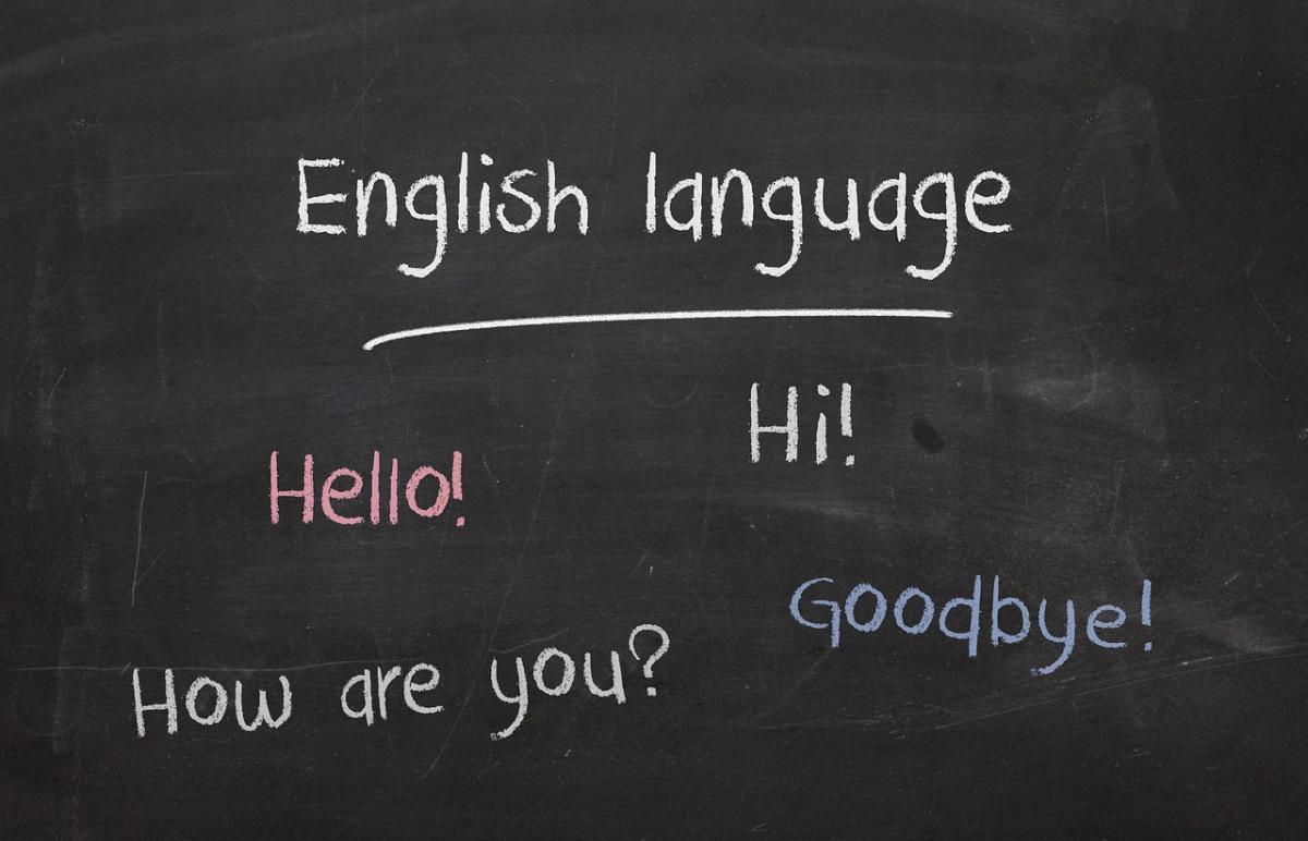 English language hello words on a chalkboard 